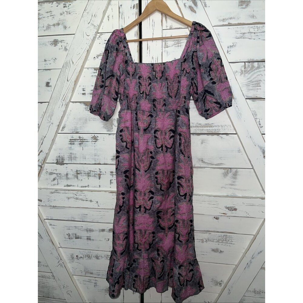 NIC+ZOE Puff Sleeve Smocked Flare Maxi Dress Women's M Pink Multi Pullover S/S